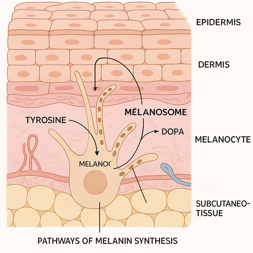Scientific illustration showing skin layers and melanin production process, educational medical diagram style with clear labeling