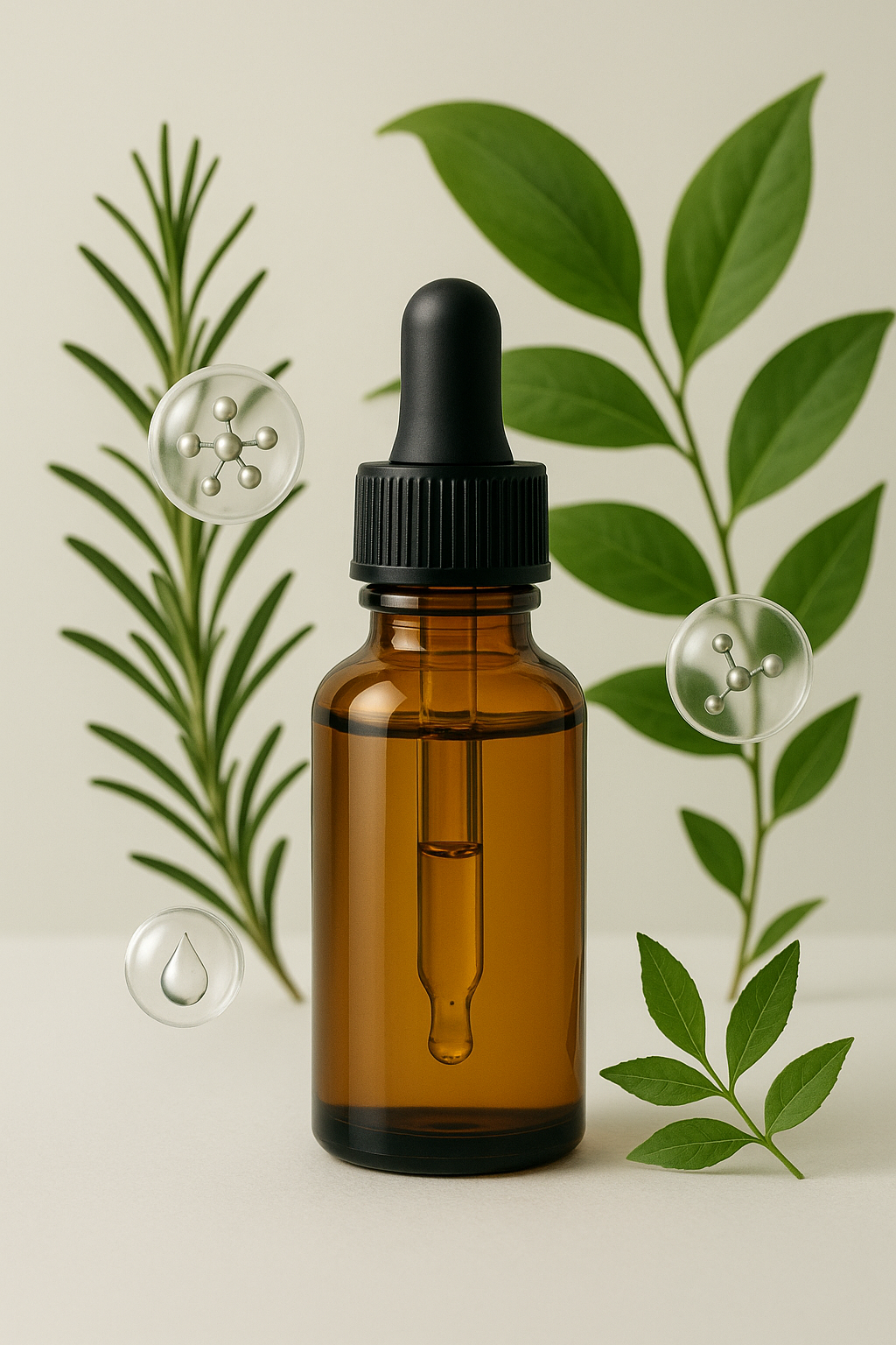 Serum bottle with dropper against botanical background, skincare active ingredients, professional product photography, emphasis on treatment and efficacy, clean and scientific aesthetic