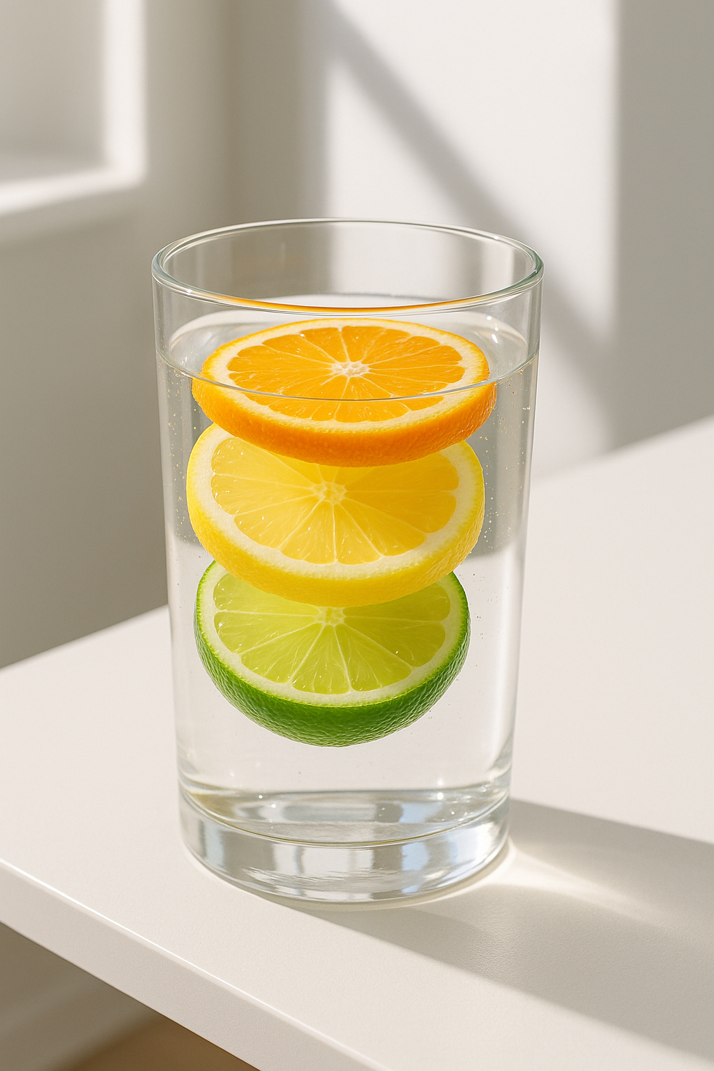 Clear glass of fresh water with citrus slices on a clean modern table, bright natural lighting, health and wellness concept