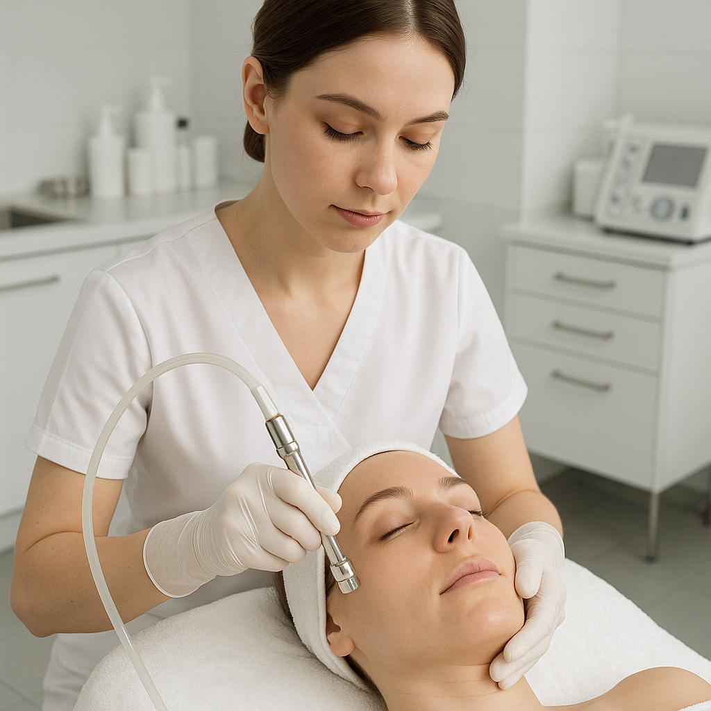 Aesthetic professional performing microdermabrasion treatment on client's face in modern clinical setting, professional skincare procedure, clean and medical environment