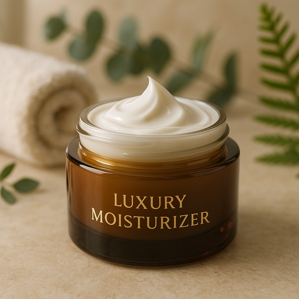Luxury skincare moisturizer cream in an elegant jar with smooth texture visible, soft natural lighting, spa-like setting with botanical elements