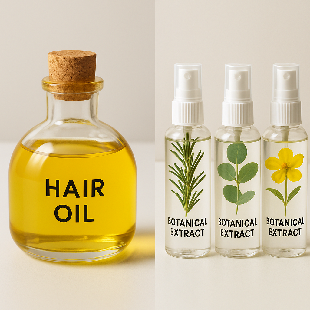 Split composition showing natural hair oil in a glass bottle on one side and botanical plant extracts in spray bottles on the other, clean product photography