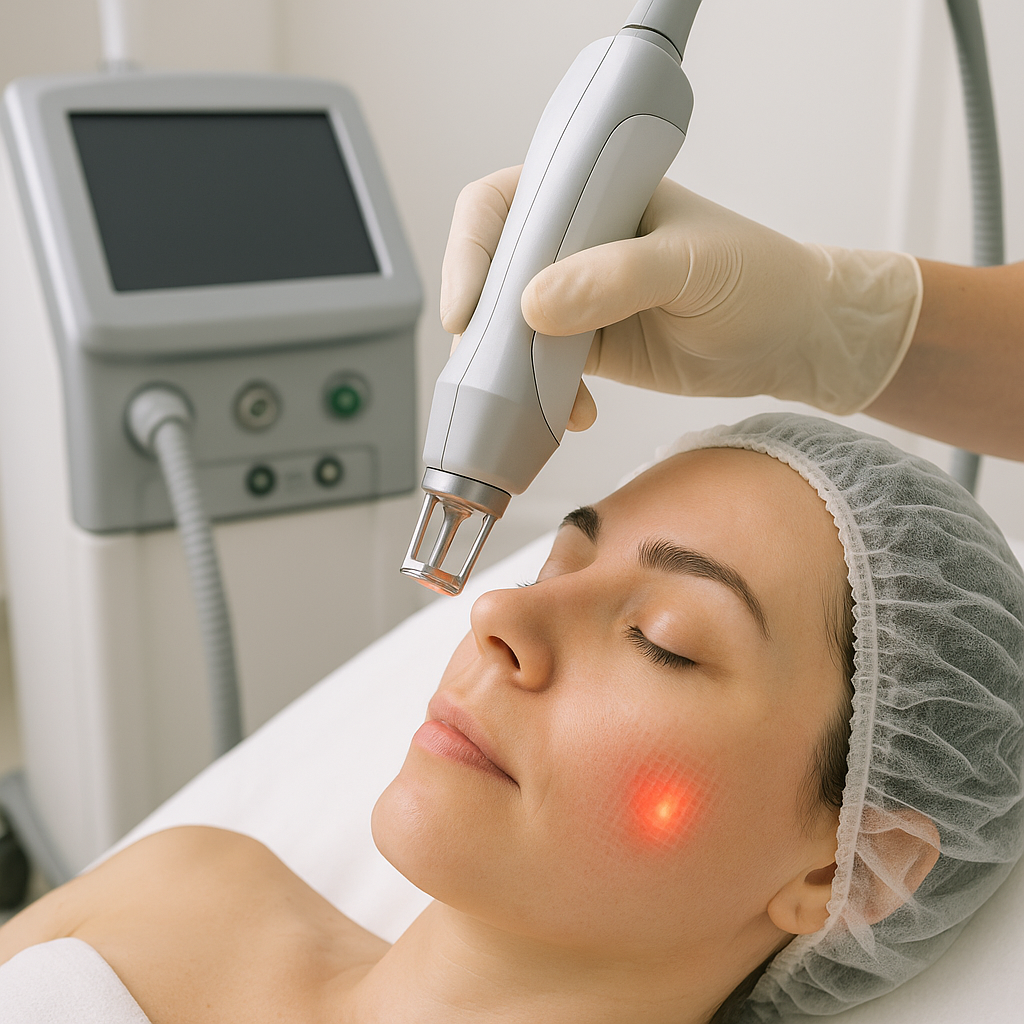 Fractional laser device performing skin treatment, medical aesthetic equipment in clinical setting, professional dermatology procedure, modern technology for skin rejuvenation