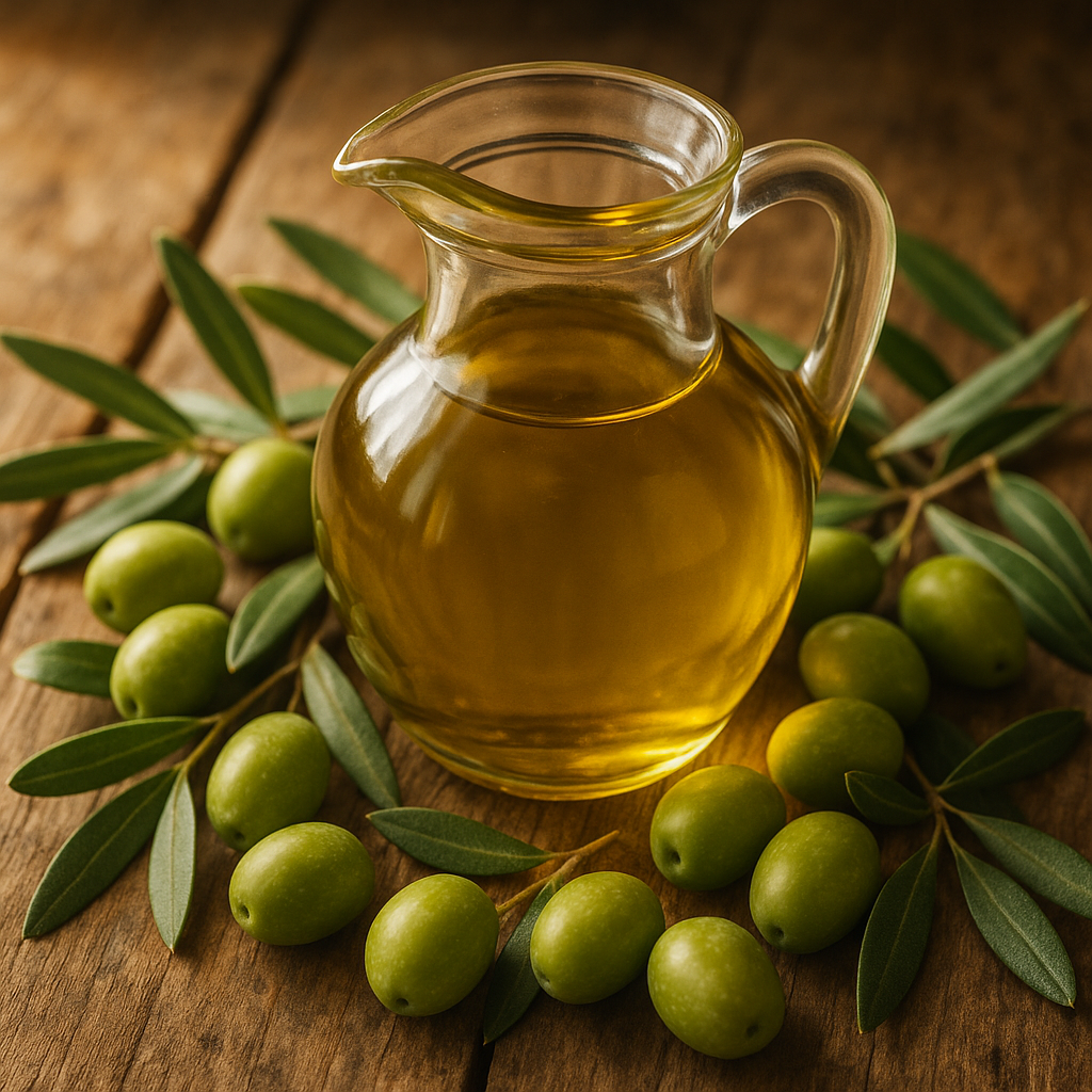 Natural olive oil in a glass container surrounded by fresh olives and green leaves, rustic wooden surface, warm natural lighting, organic and wholesome aesthetic
