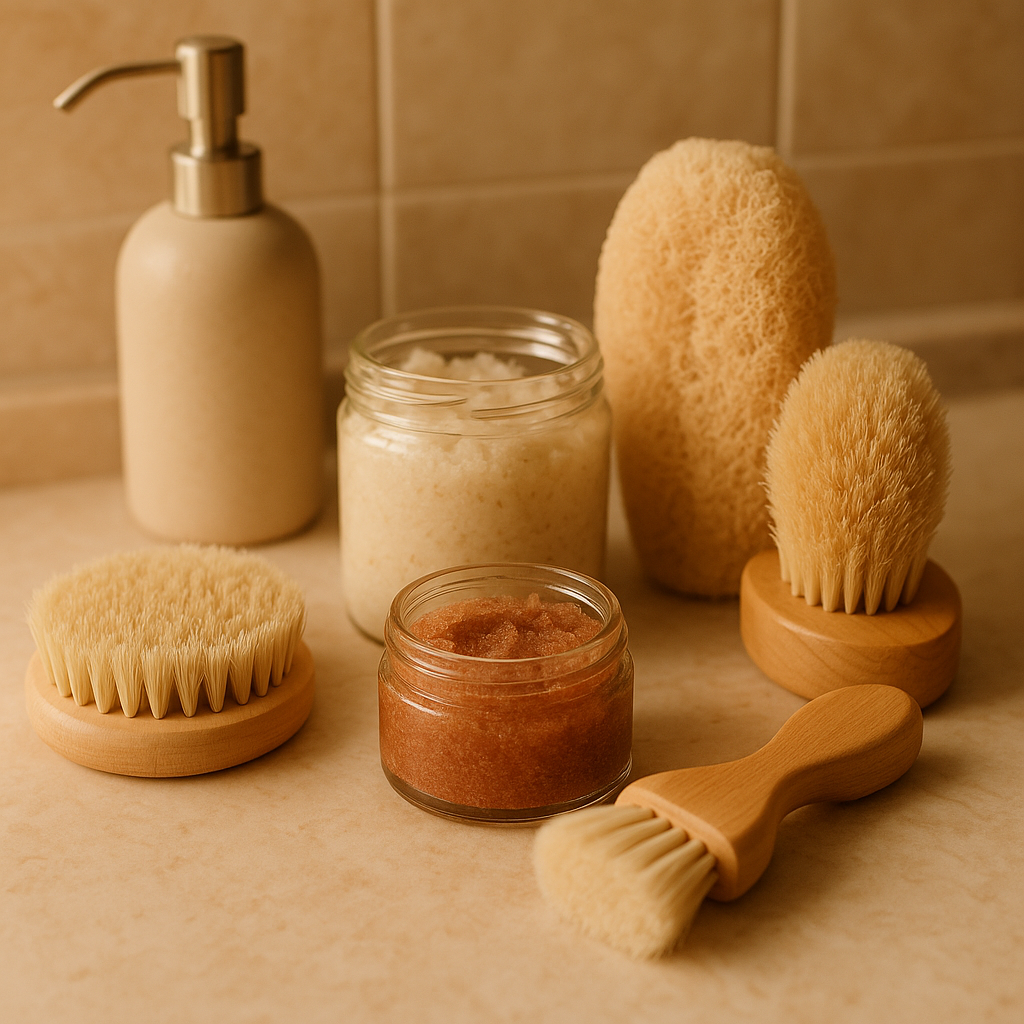 Natural exfoliating products and soft brushes arranged on a bathroom counter, spa aesthetic with soft focus and warm lighting