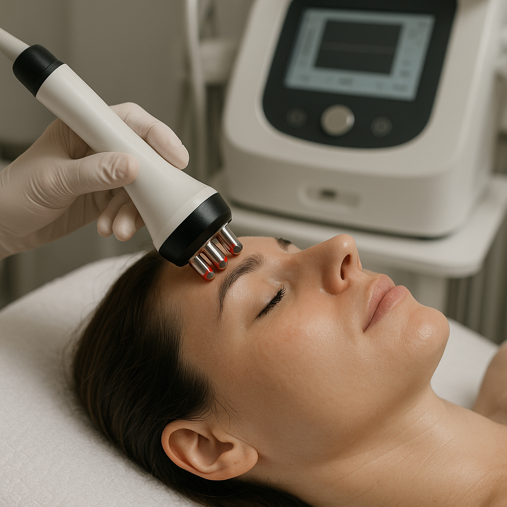 Radiofrequency skin tightening device being used on facial skin, advanced aesthetic technology, professional treatment setting, focus on non-invasive skin rejuvenation procedure