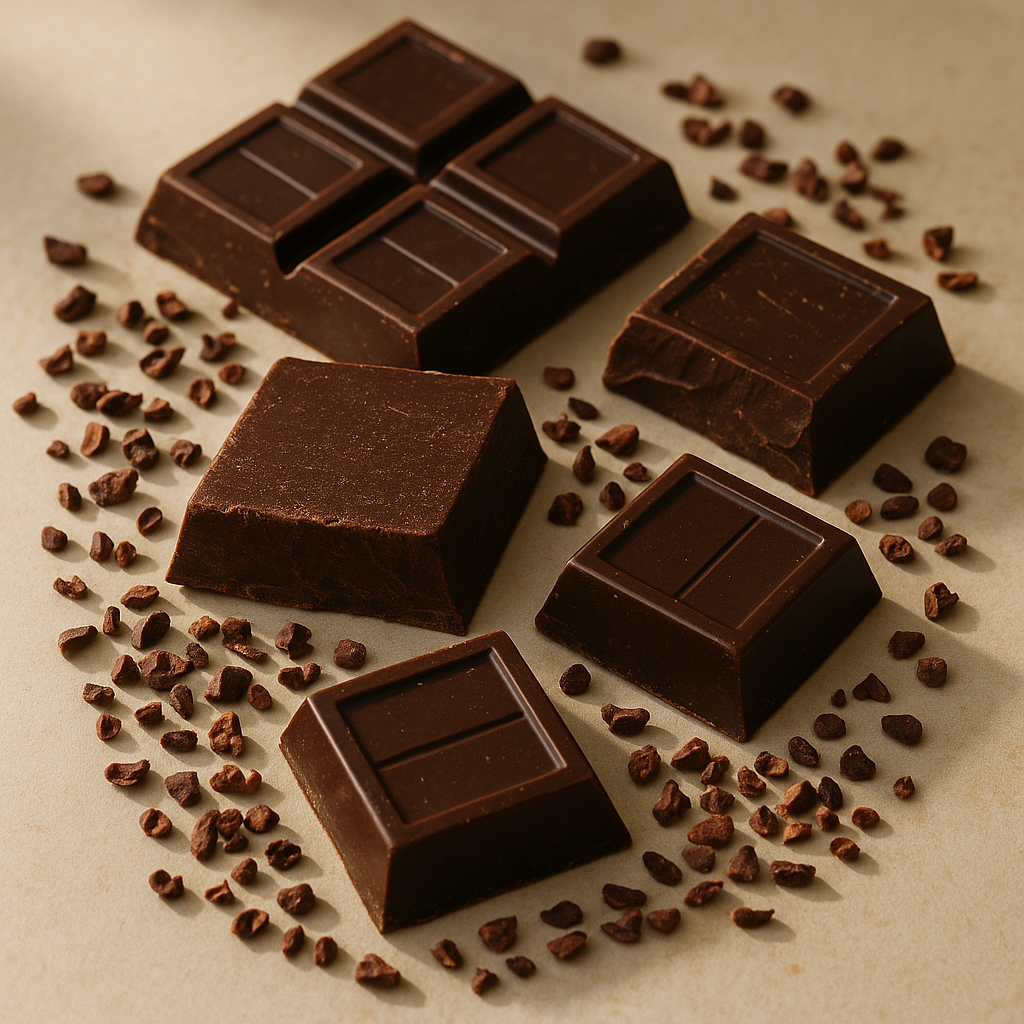Premium dark chocolate bars broken into pieces showing rich texture, arranged with cacao nibs on a minimalist surface, warm natural lighting