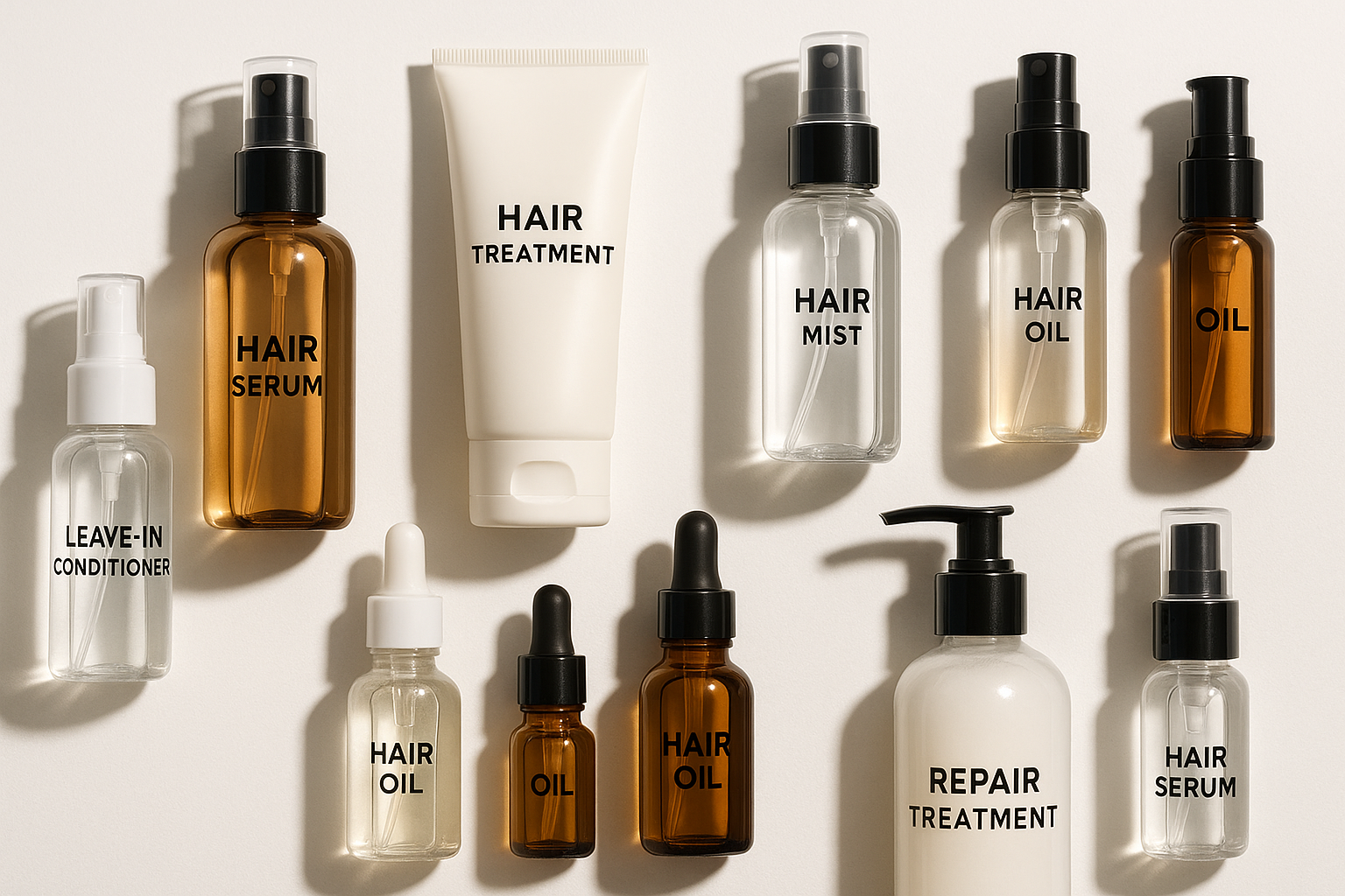 Array of professional hair care products including serums, sprays, and treatments arranged on a clean white surface, modern product photography with soft shadows