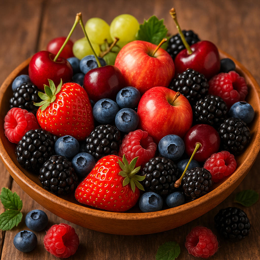 Colorful assortment of fresh berries, grapes, apples, and cherries arranged in a wooden bowl, vibrant food photography with natural lighting