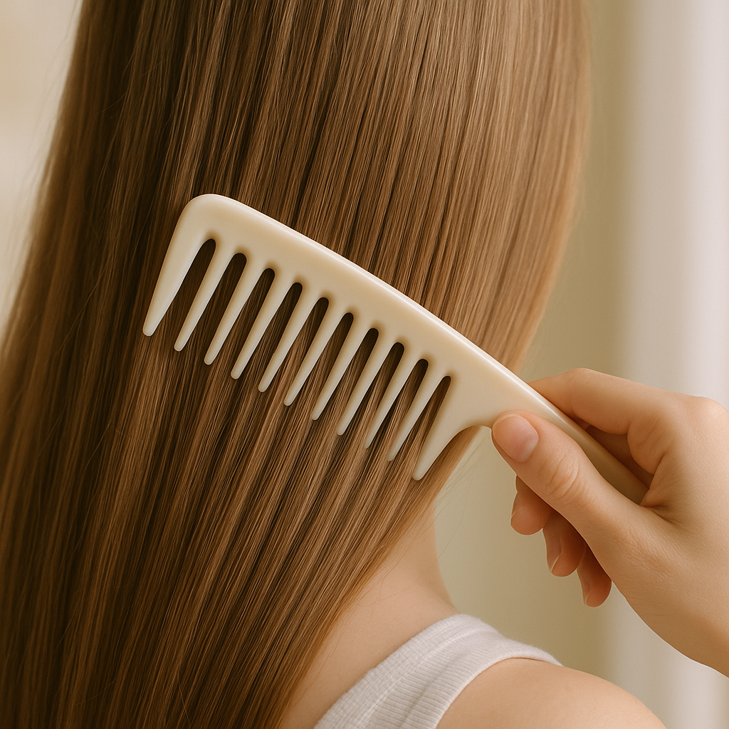 Wide-tooth comb being gently used on long, smooth hair, close-up shot showing proper detangling technique, soft natural lighting