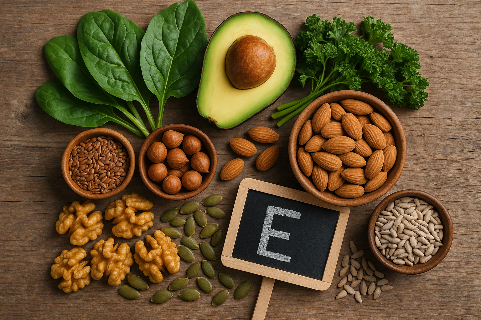 Assortment of vitamin E rich foods including nuts, seeds, avocado, and leafy greens arranged on a rustic wooden surface, healthy eating concept
