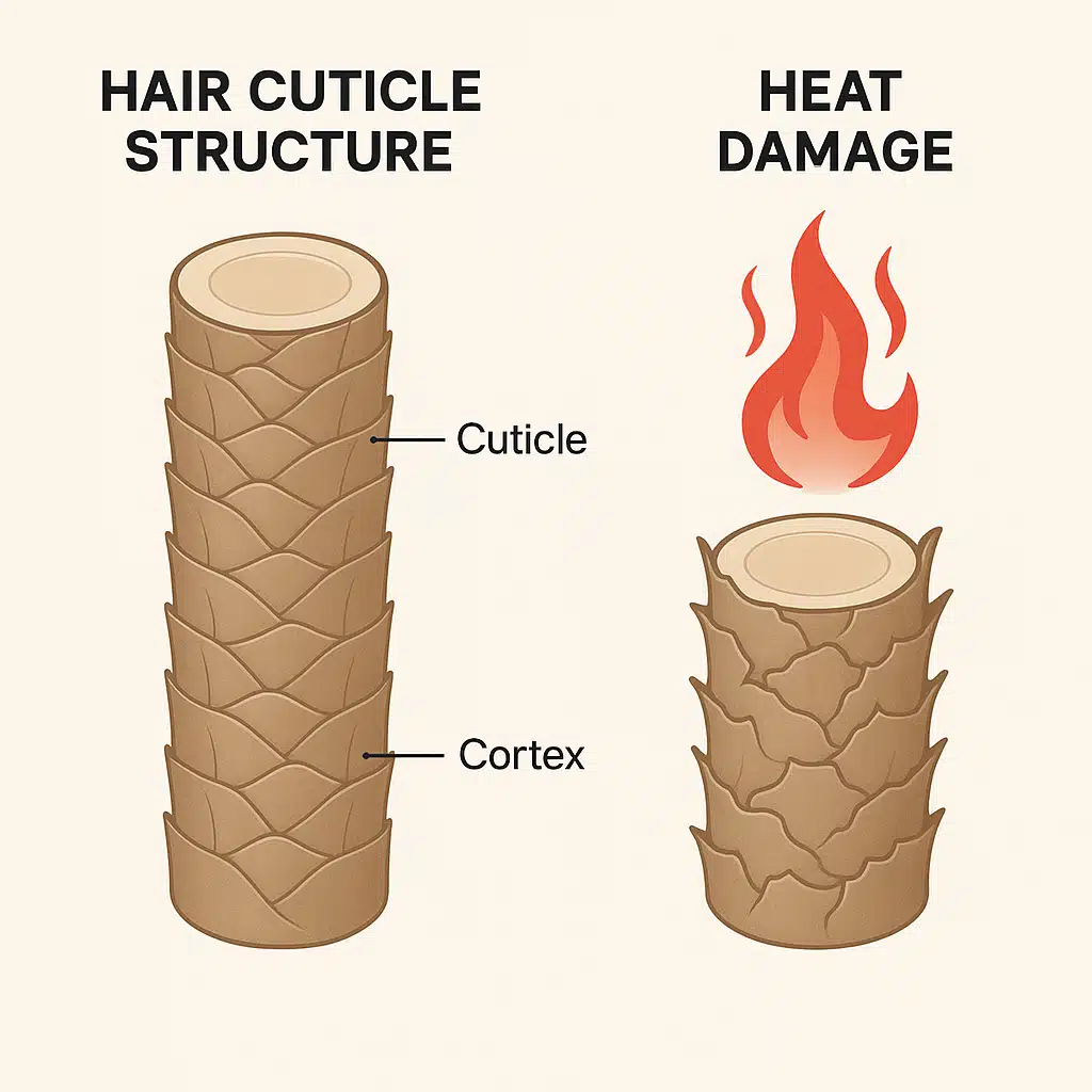 Scientific diagram illustration showing hair cuticle structure and heat damage effects, educational style, clean professional graphics with cross-section view of hair strand
