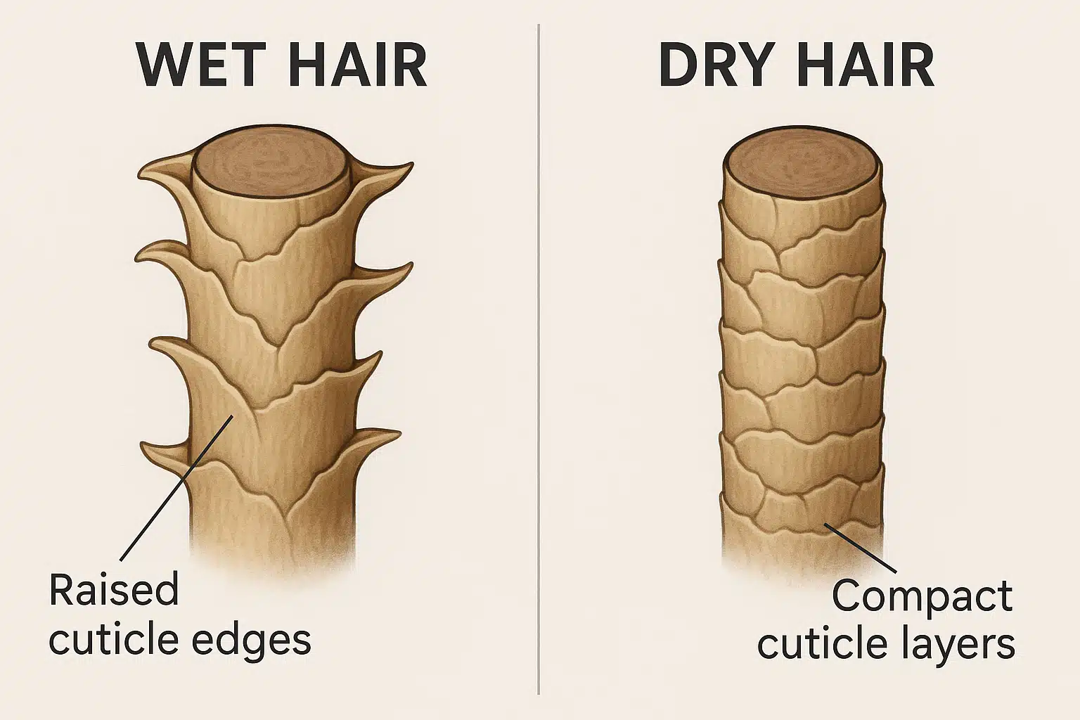 Comparison visual showing wet hair structure versus dry hair structure, side-by-side microscopic view, educational and scientific style with clear labeling