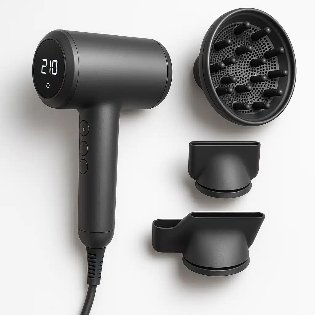 Modern professional hair dryer with digital display and multiple attachments on clean white background, product photography style, showing temperature controls and accessories