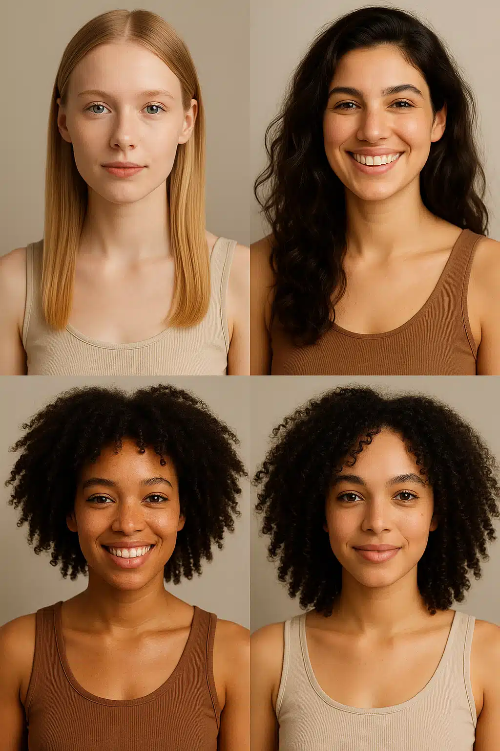 Collection showing different hair types including fine straight hair, thick wavy hair, and curly hair, diverse representation, natural studio lighting, beauty and hair care concept