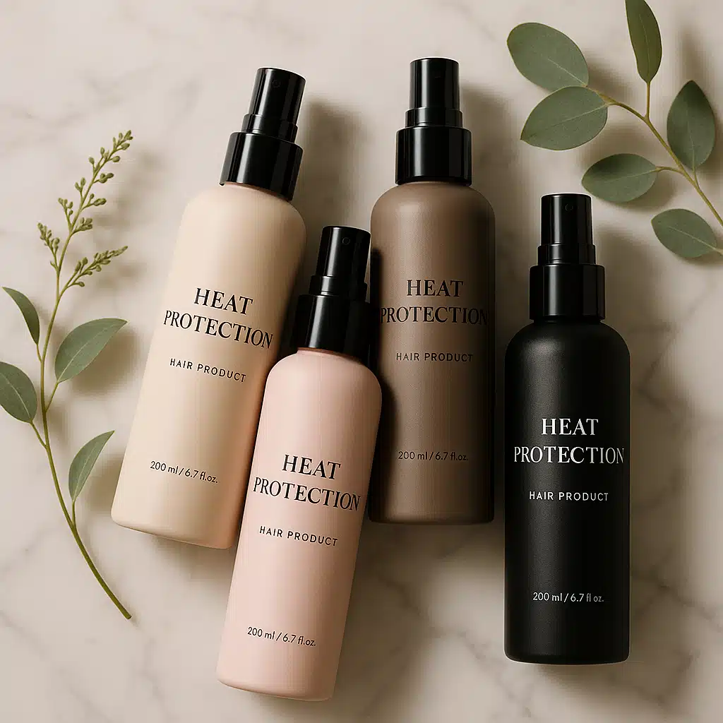 Elegant bottles of heat protection hair products arranged on marble surface, beauty product photography, professional styling, soft lighting with botanical elements