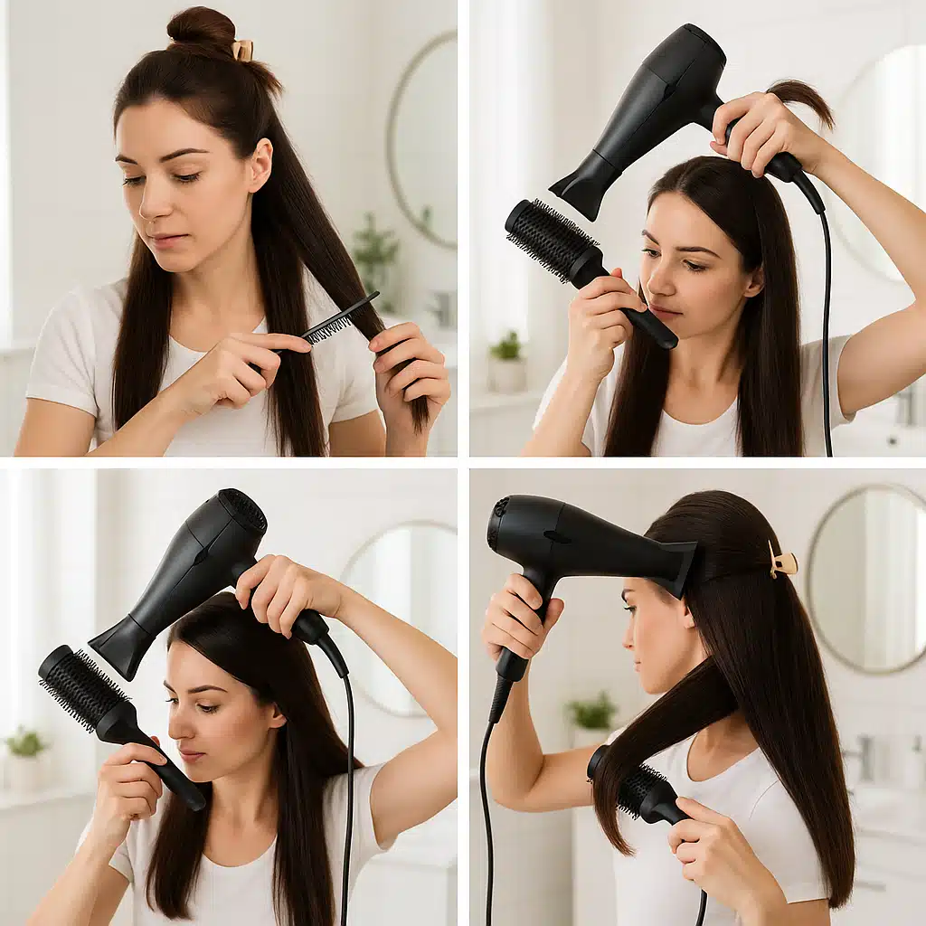 Step-by-step hair drying process showing woman sectioning and blow-drying hair with professional technique, bright bathroom setting, instructional photography style, multiple angles