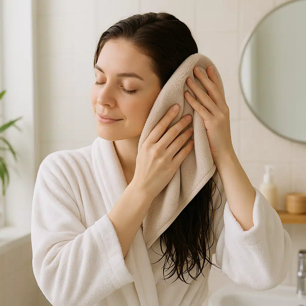 Woman gently pressing microfiber towel on wet hair using proper technique, bathroom setting, soft natural light, demonstrating correct hair care method, peaceful morning routine atmosphere