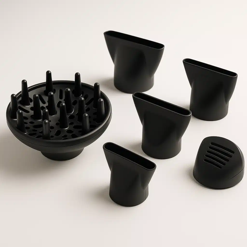Collection of hair dryer attachments including diffuser and concentrator nozzles displayed on clean surface, product photography style, professional lighting, showing different sizes and types