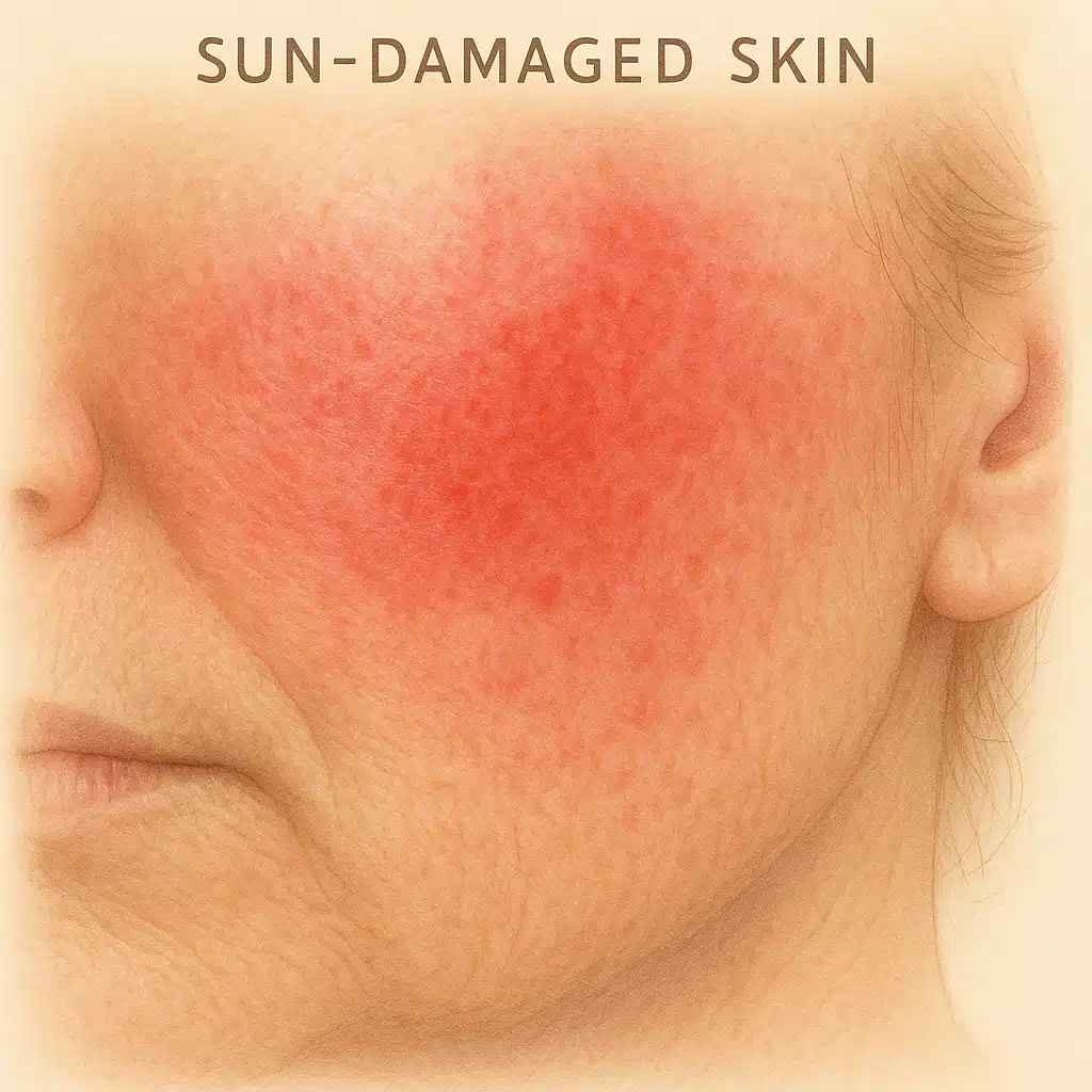 Close-up of sun-damaged skin showing redness and sensitivity, medical illustration style, soft lighting, educational and informative aesthetic