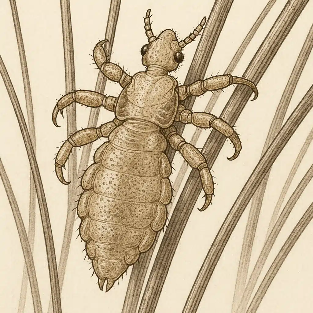 Close-up microscopic view of a head louse on human hair strands, detailed scientific illustration style, educational and clinical appearance
