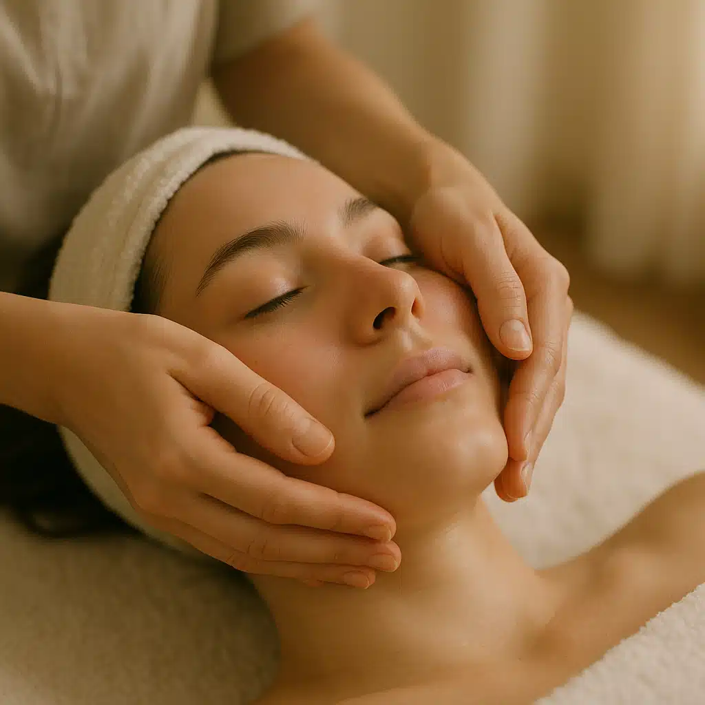 Close-up of a person receiving a gentle facial massage with smooth hands applying pressure to cheekbones, soft natural lighting, serene spa-like atmosphere, focus on relaxation and skincare