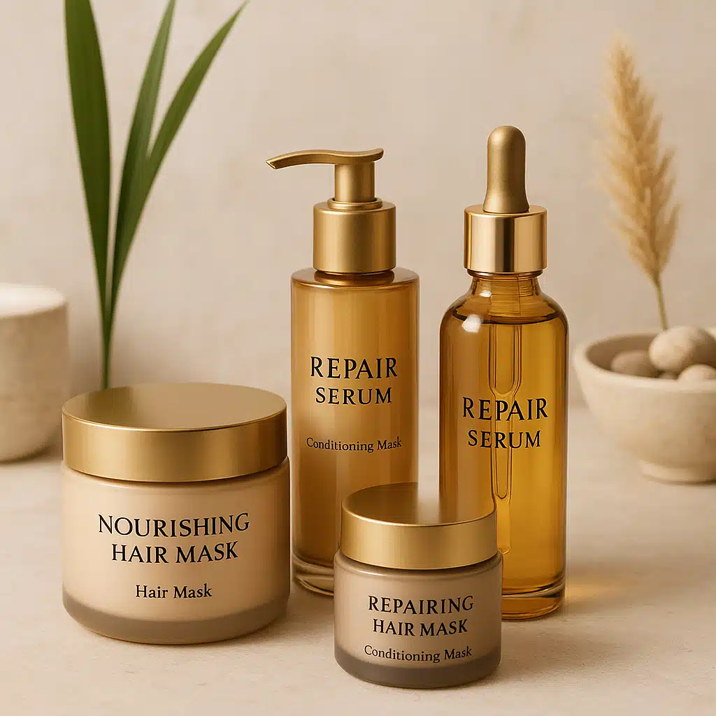 Luxurious hair treatment products including conditioning masks and repair serums in elegant packaging, spa-like setting with natural elements, premium beauty product photography, inviting and professional atmosphere