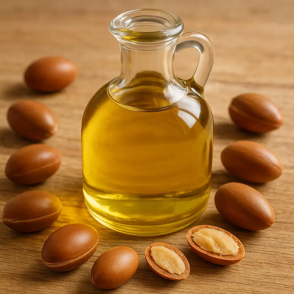 Close-up of golden argan oil in a glass bottle with argan nuts and kernels scattered on a natural wooden surface, soft natural lighting, luxurious and organic aesthetic