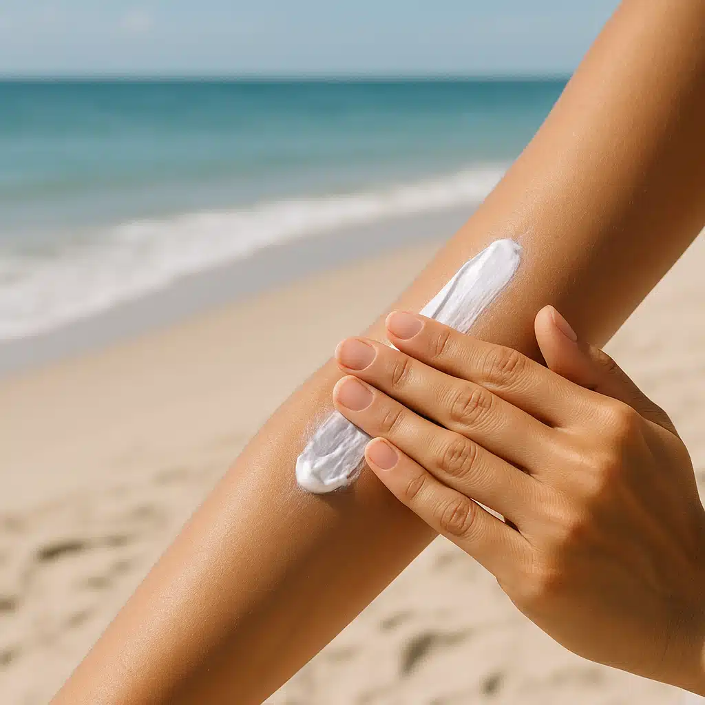 Hand applying sunscreen lotion on arm at the beach, bright natural daylight, protection and skincare concept, clean and healthy lifestyle aesthetic