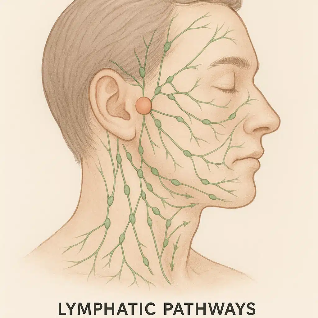 Anatomical illustration showing lymphatic pathways on a human face and neck, educational medical style, soft colors highlighting drainage points and circulation patterns