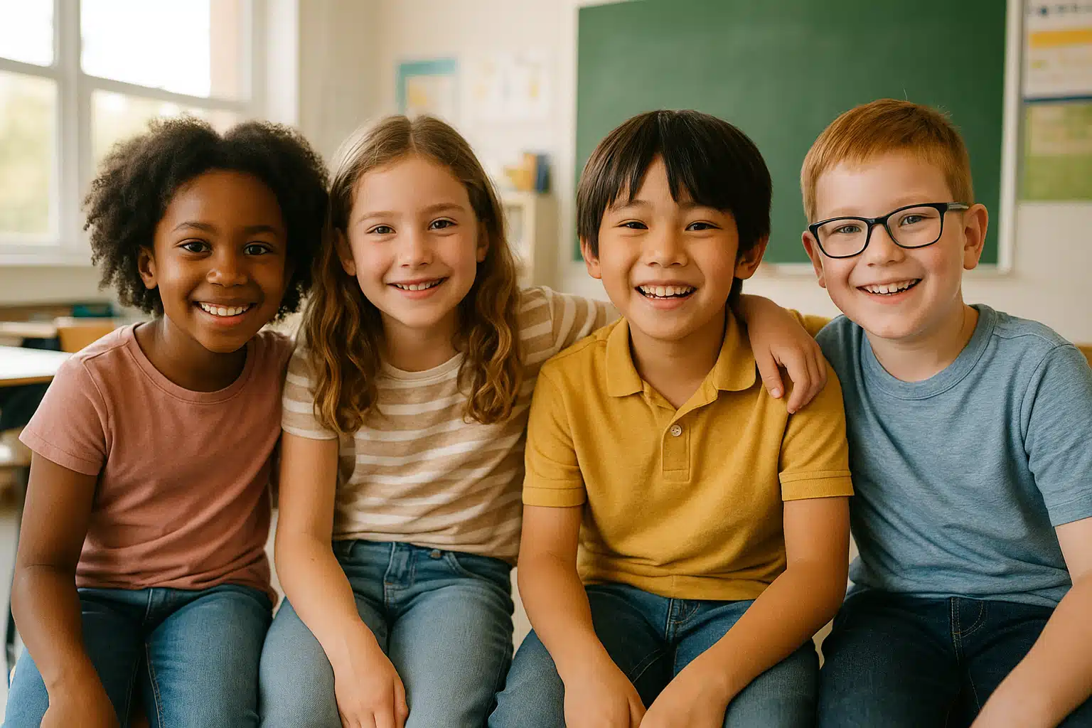 Group of diverse children sitting close together in a classroom setting, natural lighting, candid and friendly atmosphere