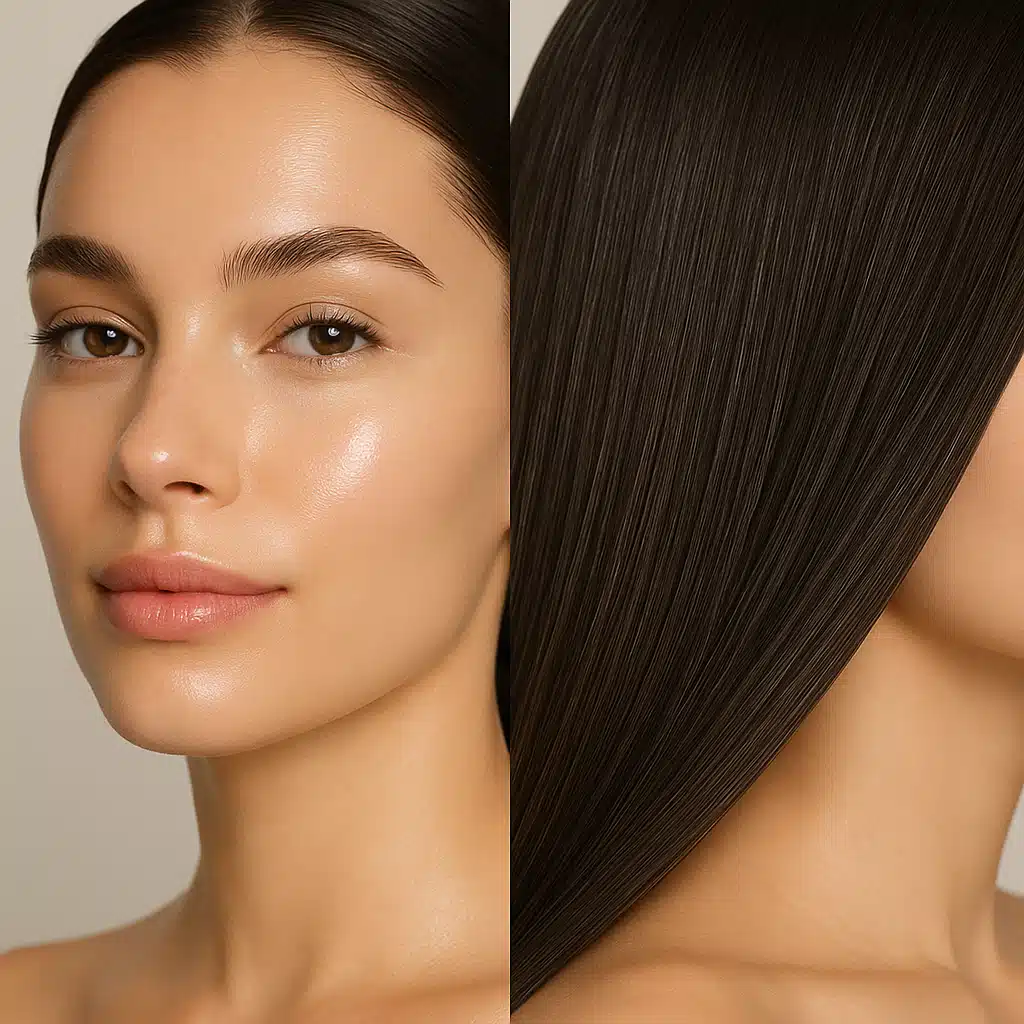 Split image showing healthy glowing skin on one side and shiny lustrous hair on the other, professional beauty photography style, clean and radiant aesthetic