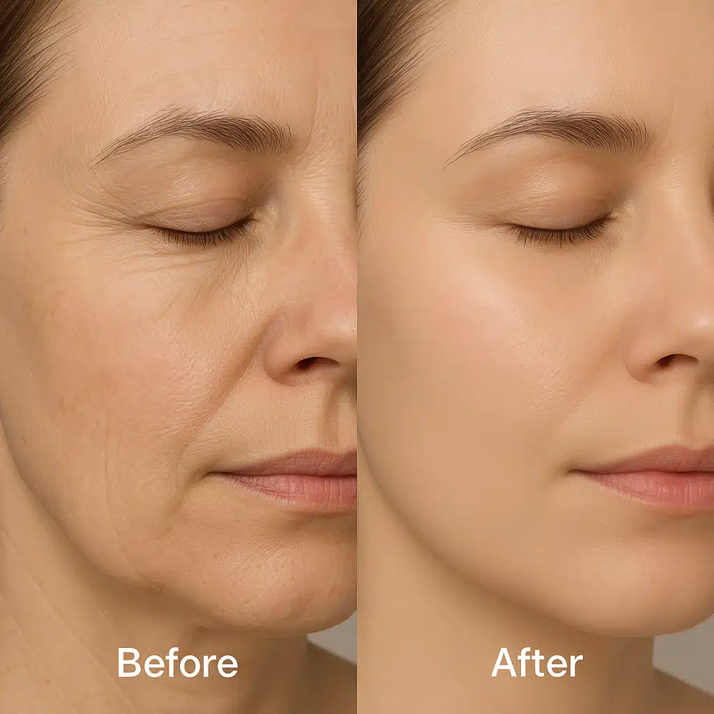 Before and after comparison showing smooth, rejuvenated facial skin with reduced fine lines, split-screen presentation, professional skincare photography, even lighting highlighting skin texture improvement
