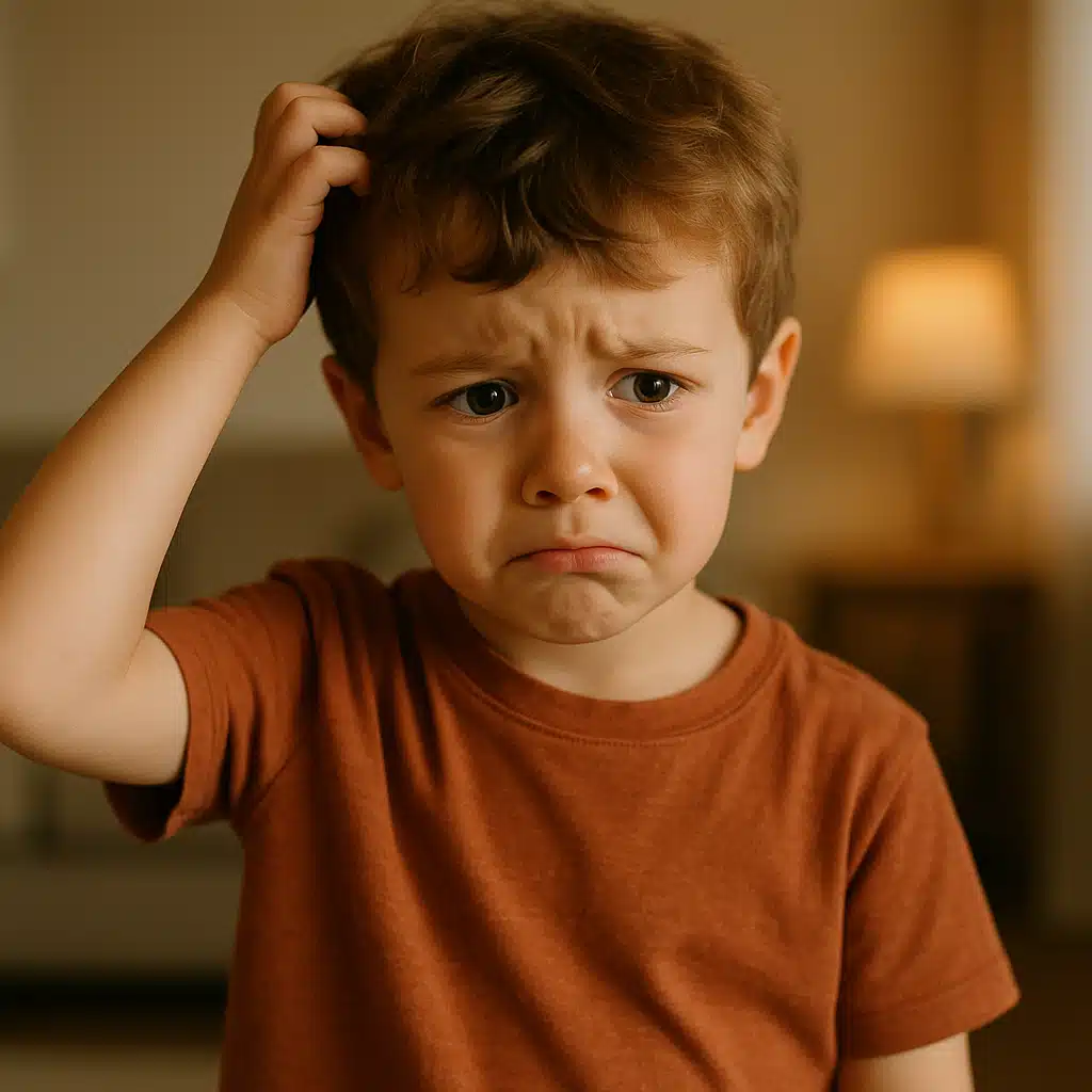 Child scratching their head with a concerned expression, soft indoor lighting, relatable and empathetic visual tone