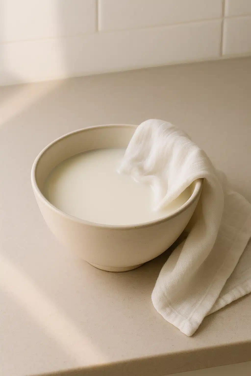 Bowl of cold milk with a clean white cloth partially soaked, minimalist kitchen counter setting, soothing and therapeutic atmosphere, soft natural lighting