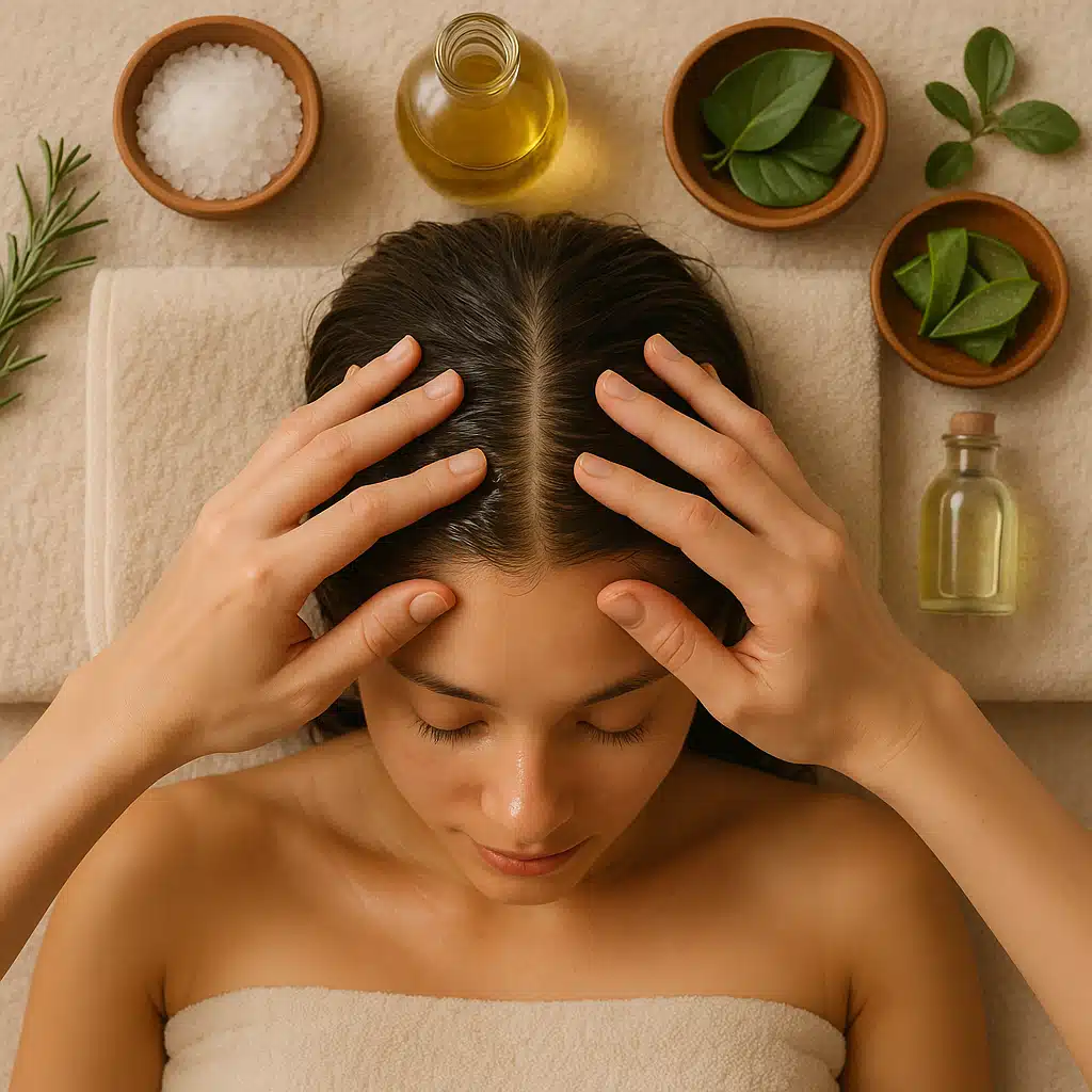Overhead view of hands gently massaging scalp with oil, peaceful spa-like setting, natural ingredients visible in background, calming and therapeutic atmosphere