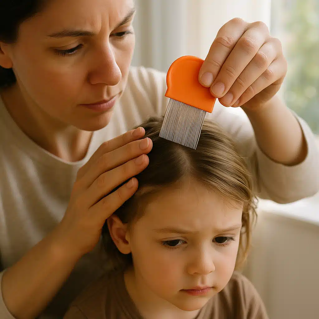 Parent carefully combing through a child's hair with a fine-toothed lice comb under bright natural light, caring and focused atmosphere
