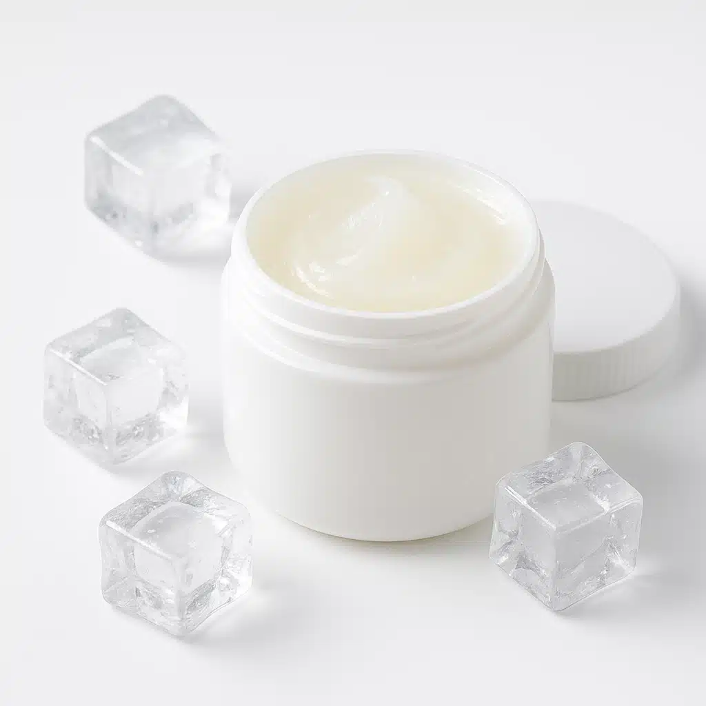 Jar of petroleum jelly on a clean surface with ice cubes nearby, clinical and clean aesthetic, product care and skincare concept, bright white background