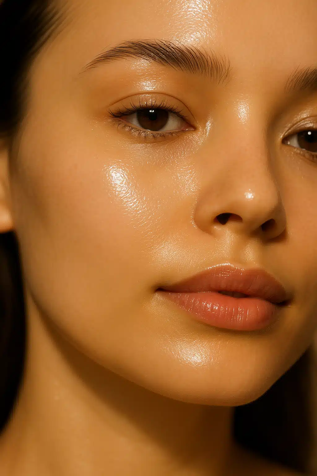 Close-up of glowing, smooth facial skin with even texture and natural radiance, soft focus beauty photography, dewy complexion, warm natural lighting emphasizing healthy skin