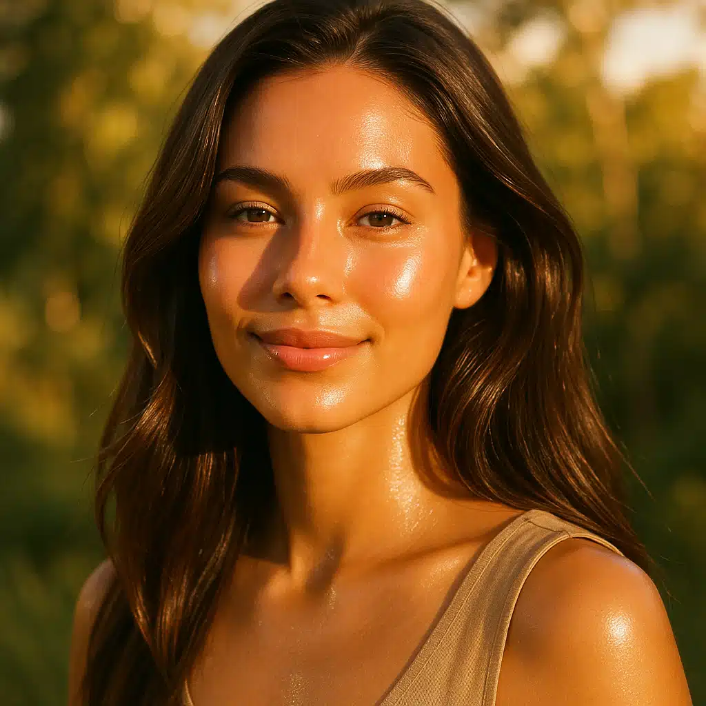 Person with healthy glowing skin and shiny hair outdoors in natural sunlight, protective and radiant beauty concept, warm golden hour lighting, fresh and natural aesthetic