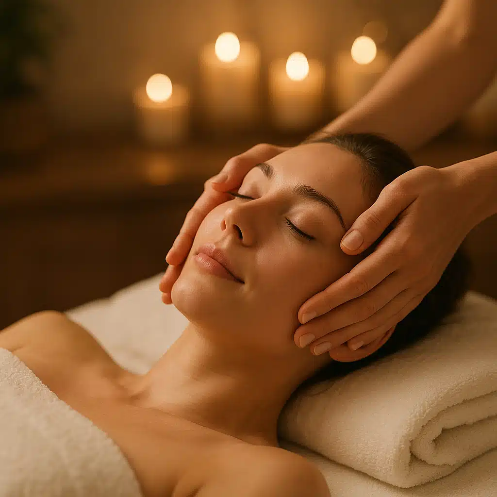 Peaceful woman with closed eyes receiving a relaxing facial massage, tranquil expression, soft ambient lighting, spa environment, emphasis on stress relief and self-care