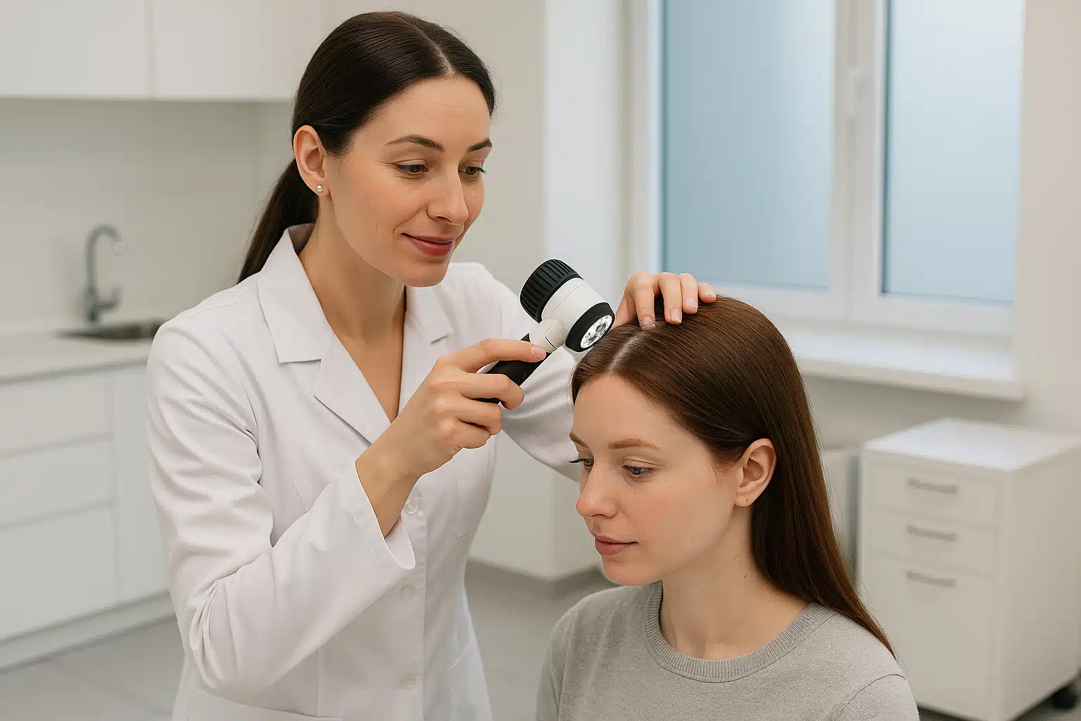 Healthcare professional examining a patient's scalp with a magnifying tool in a clean, modern clinic setting, professional and reassuring atmosphere