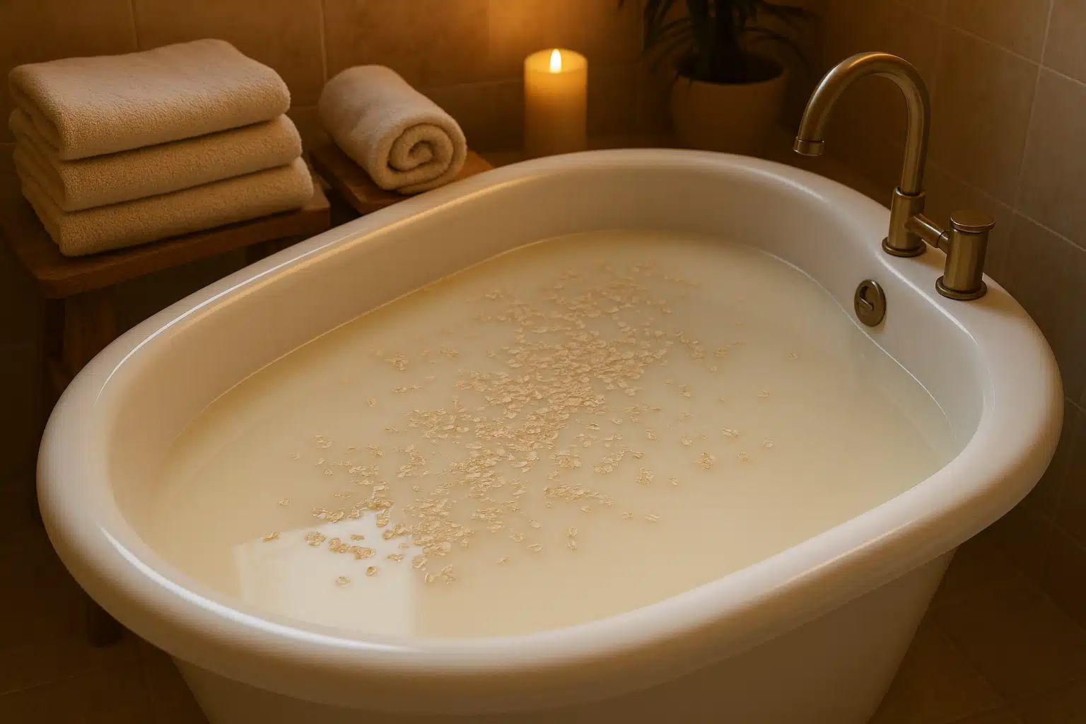 Bathtub filled with milky water containing oatmeal, peaceful bathroom setting with soft towels, spa-like and therapeutic atmosphere, warm ambient lighting