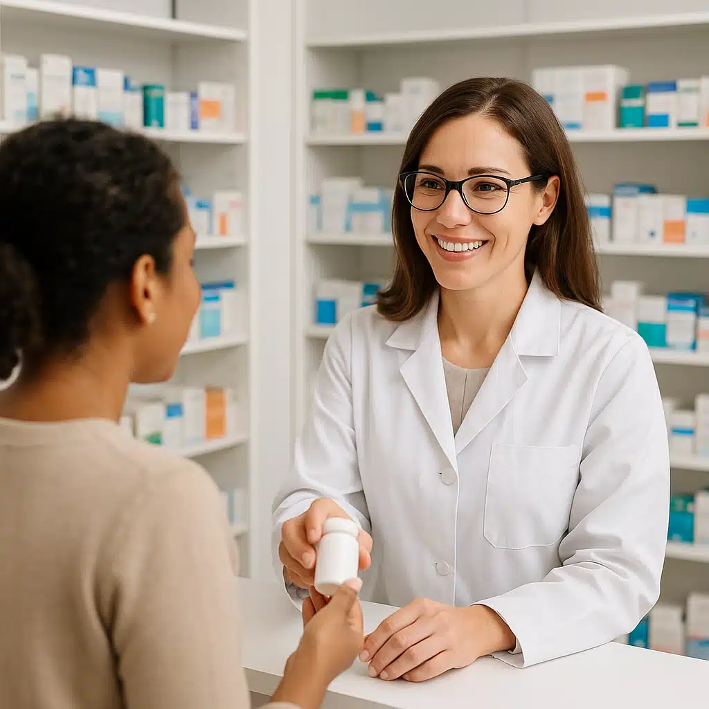 Pharmacist handing a prescription medication to a customer in a well-lit pharmacy, professional and trustworthy environment