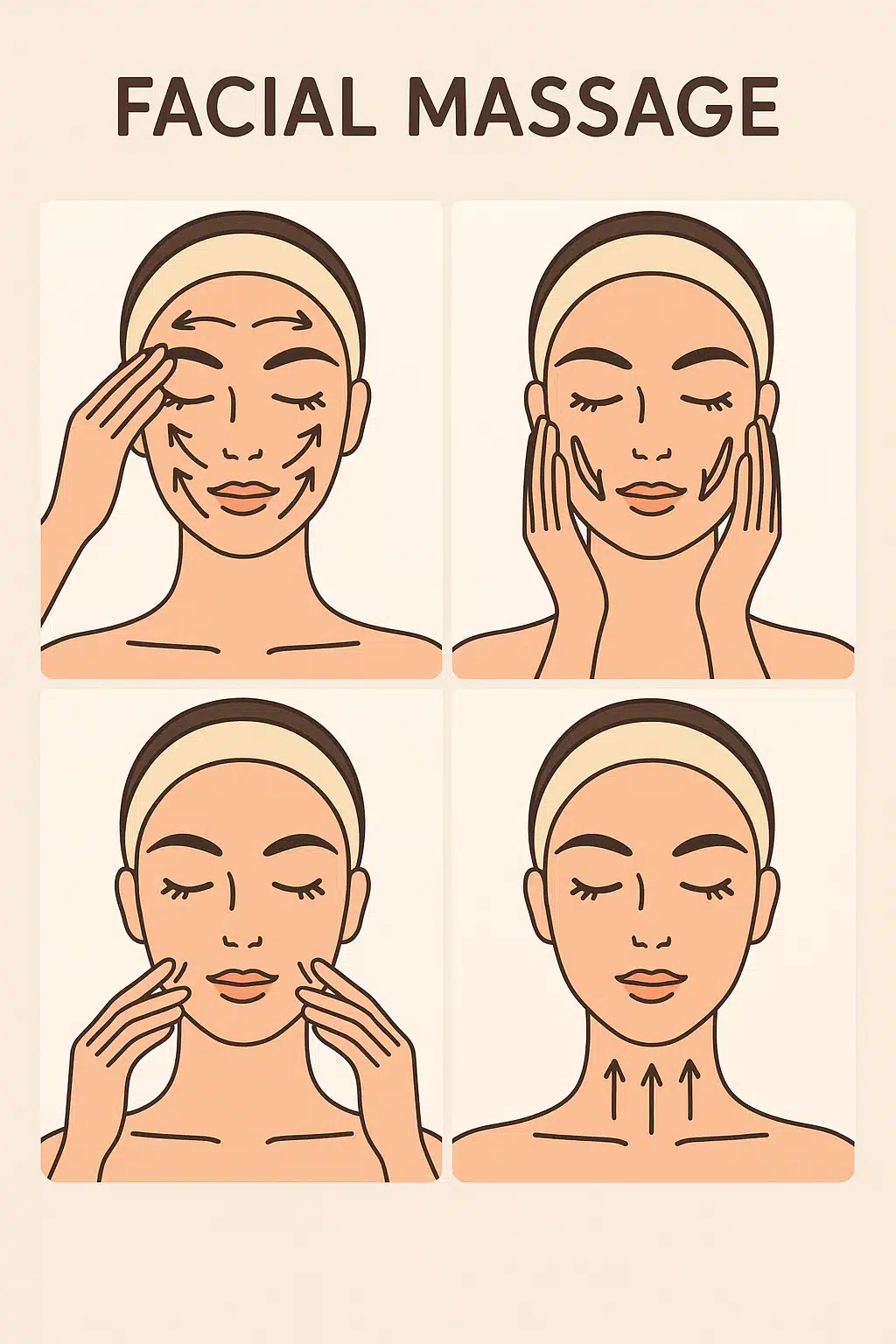 Step-by-step illustration showing facial massage techniques with directional arrows on a face diagram, educational beauty guide style, clear visual instructions for self-massage movements
