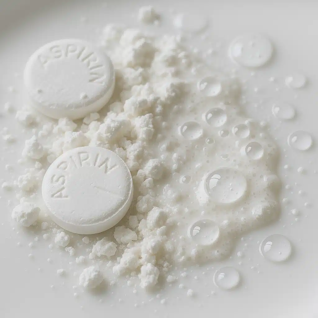 Crushed aspirin tablets with water droplets forming a paste on a white plate, medical remedy concept, clean and clinical aesthetic, macro photography style