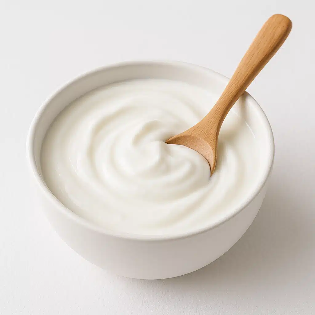 Bowl of plain white yogurt with a wooden spoon, fresh and clean presentation, natural skincare concept, bright and healthy aesthetic