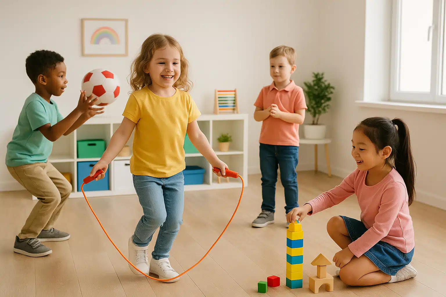 Children engaged in play while maintaining personal space, bright and clean environment, positive and preventive visual tone