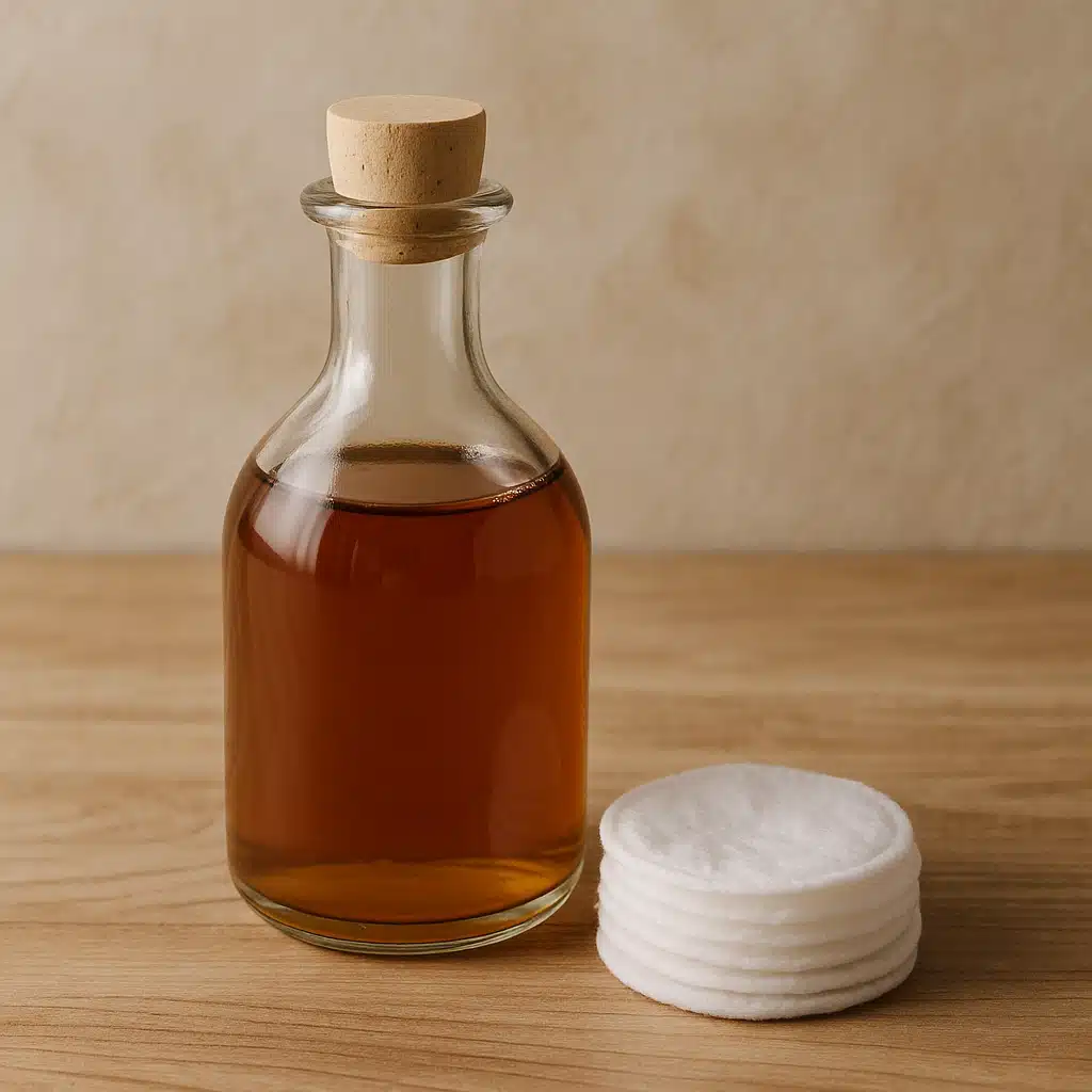 Glass bottle of apple cider vinegar with cotton pads on a natural wood surface, organic remedy concept, earthy and natural aesthetic, soft diffused lighting