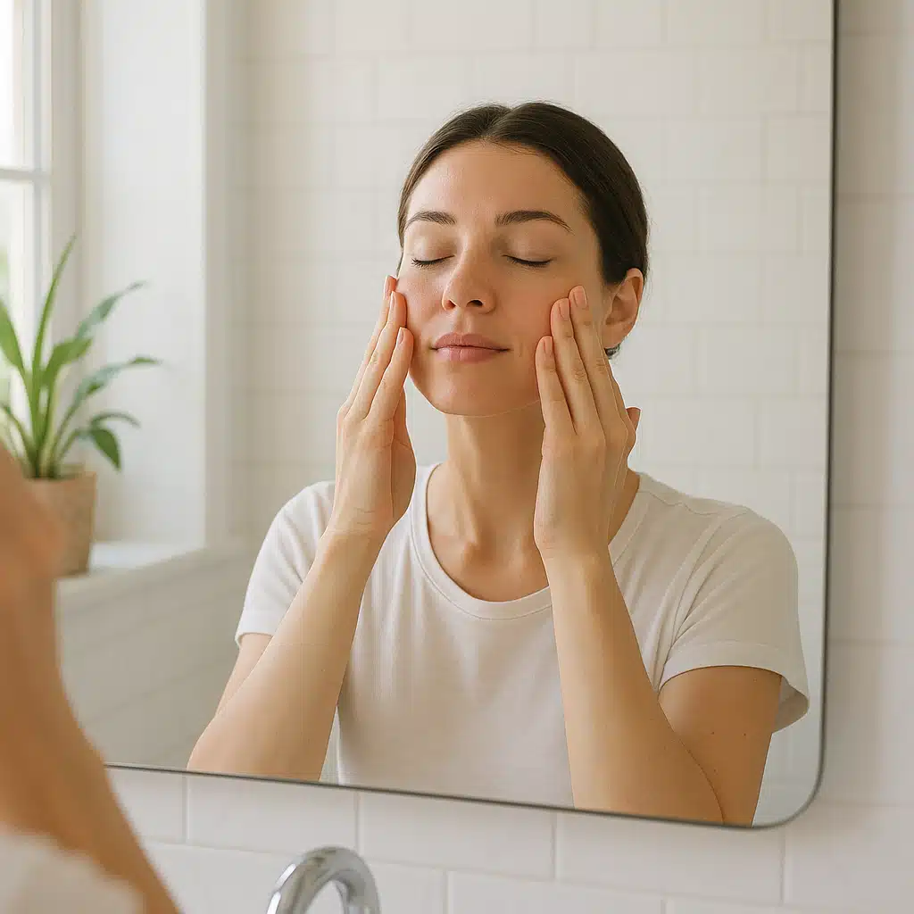 Woman performing self-facial massage in a bright bathroom mirror, morning skincare routine, natural daylight, peaceful self-care moment, focus on wellness and beauty ritual